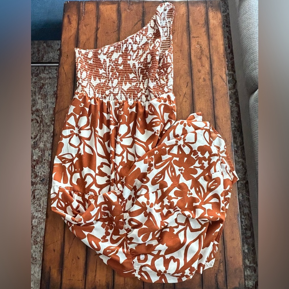 Sugarlips One-Shoulder Floral Maxi Dress rust orange and cream